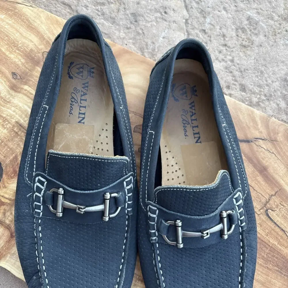 Saks Fifth Avenue Navy Blue Pebbled Leather Horse Bit Driving Shoe 10.5 Men‎
